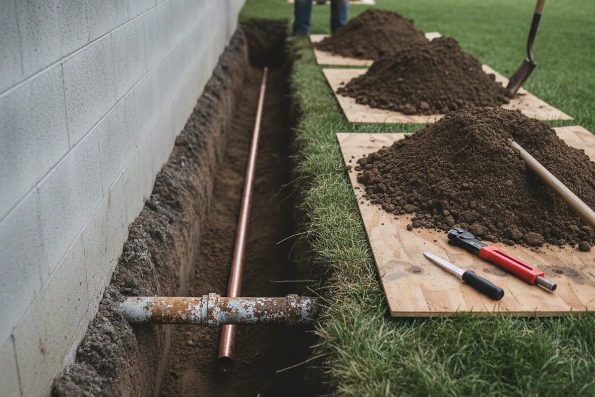 Excavated water line trench during Water Softener Installation in East Fultonham